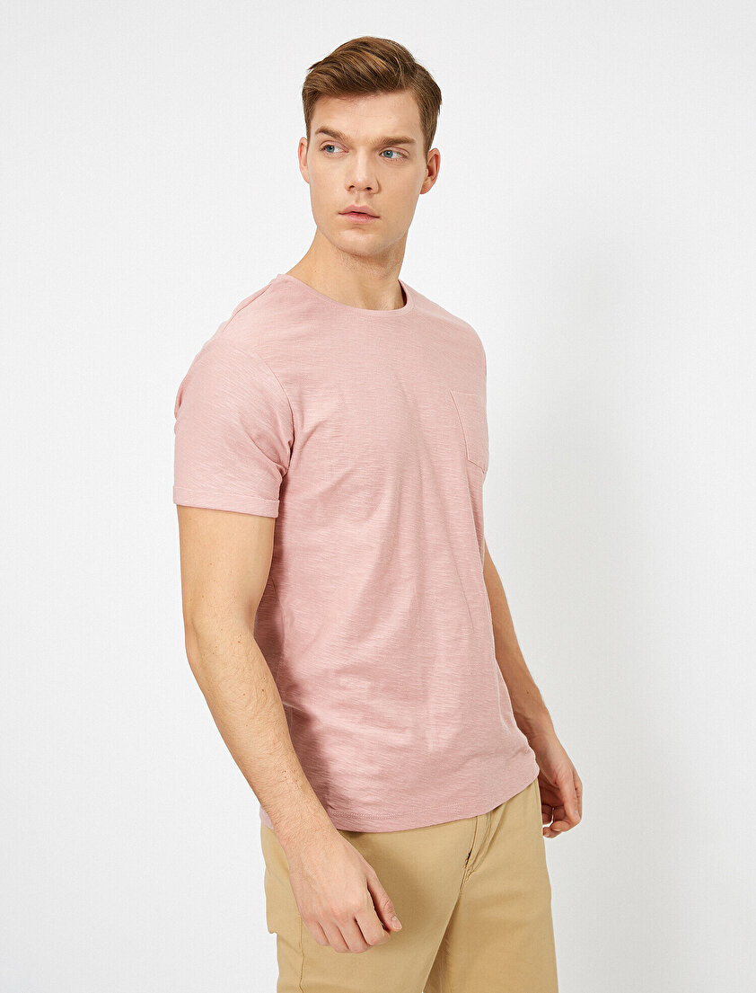 Bisiklet Yaka Cep Detaylı Flamlı Kumaş Slim Fit Basic Tişört