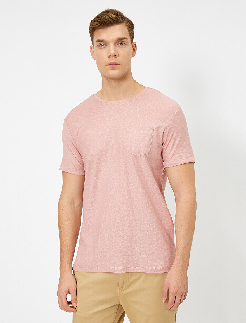 Bisiklet Yaka Cep Detaylı Flamlı Kumaş Slim Fit Basic Tişört