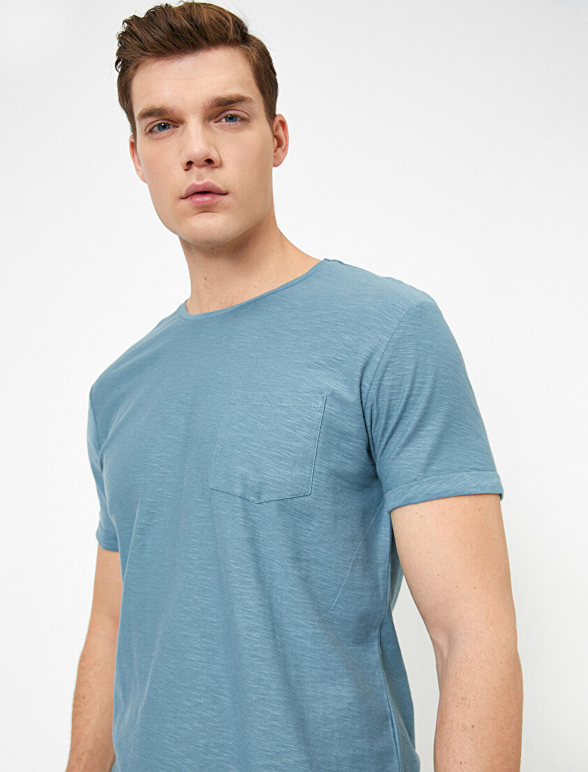 Bisiklet Yaka Cep Detaylı Flamlı Kumaş Slim Fit Basic Tişört