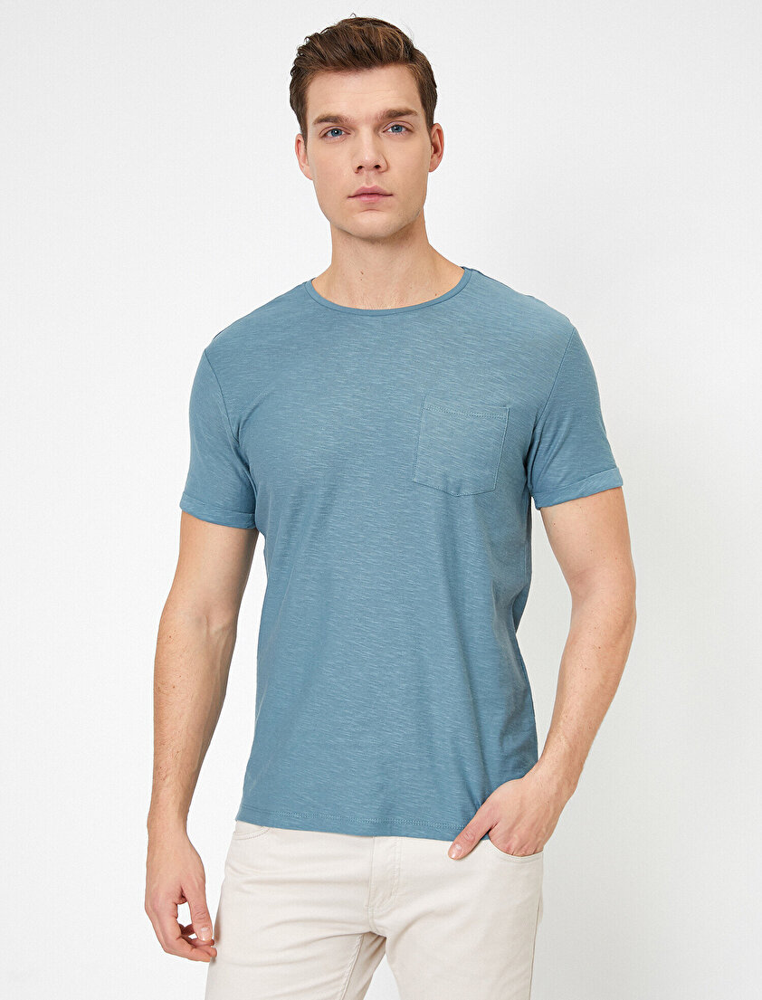 Bisiklet Yaka Cep Detaylı Flamlı Kumaş Slim Fit Basic Tişört