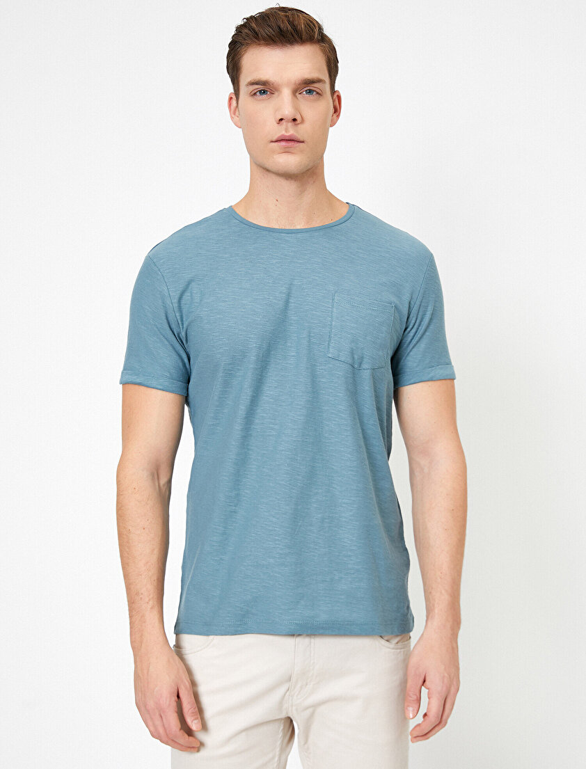 Bisiklet Yaka Cep Detaylı Flamlı Kumaş Slim Fit Basic Tişört