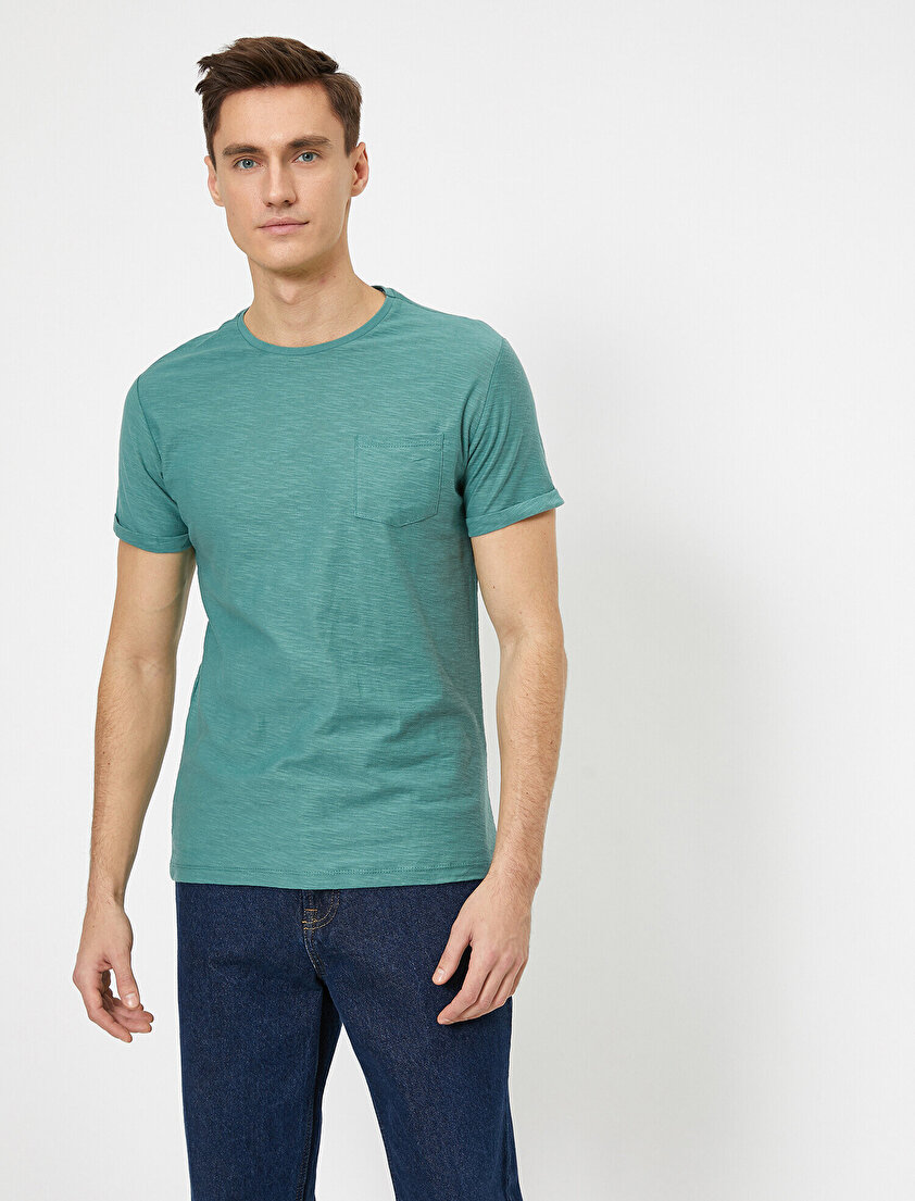 Bisiklet Yaka Cep Detaylı Flamlı Kumaş Slim Fit Basic Tişört