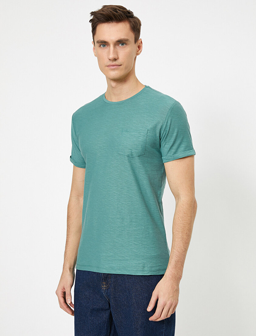 Bisiklet Yaka Cep Detaylı Flamlı Kumaş Slim Fit Basic Tişört