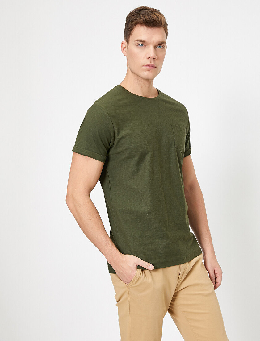 Bisiklet Yaka Cep Detaylı Flamlı Kumaş Slim Fit Basic Tişört