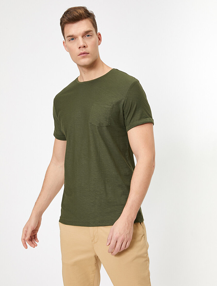 Bisiklet Yaka Cep Detaylı Flamlı Kumaş Slim Fit Basic Tişört