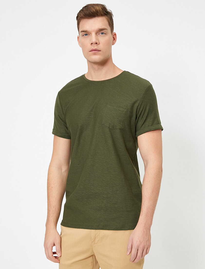 Bisiklet Yaka Cep Detaylı Flamlı Kumaş Slim Fit Basic Tişört