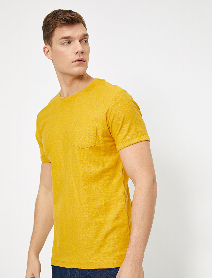 Bisiklet Yaka Cep Detaylı Flamlı Kumaş Slim Fit Basic Tişört