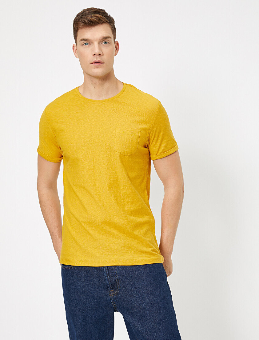 Bisiklet Yaka Cep Detaylı Flamlı Kumaş Slim Fit Basic Tişört