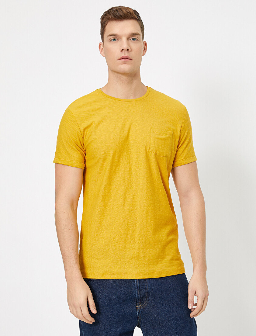 Bisiklet Yaka Cep Detaylı Flamlı Kumaş Slim Fit Basic Tişört