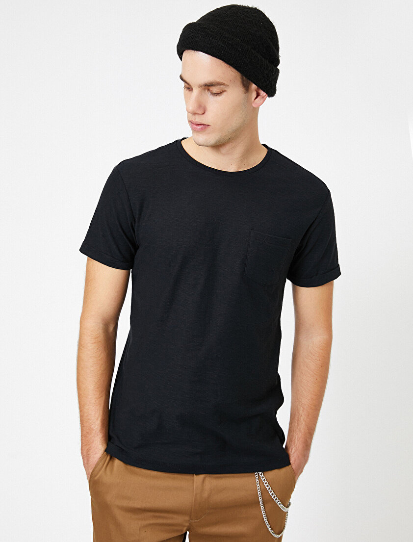 Bisiklet Yaka Cep Detaylı Flamlı Kumaş Slim Fit Basic Tişört