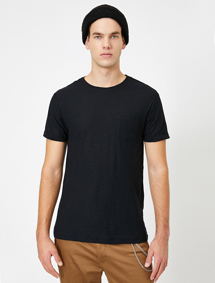 Bisiklet Yaka Cep Detaylı Flamlı Kumaş Slim Fit Basic Tişört