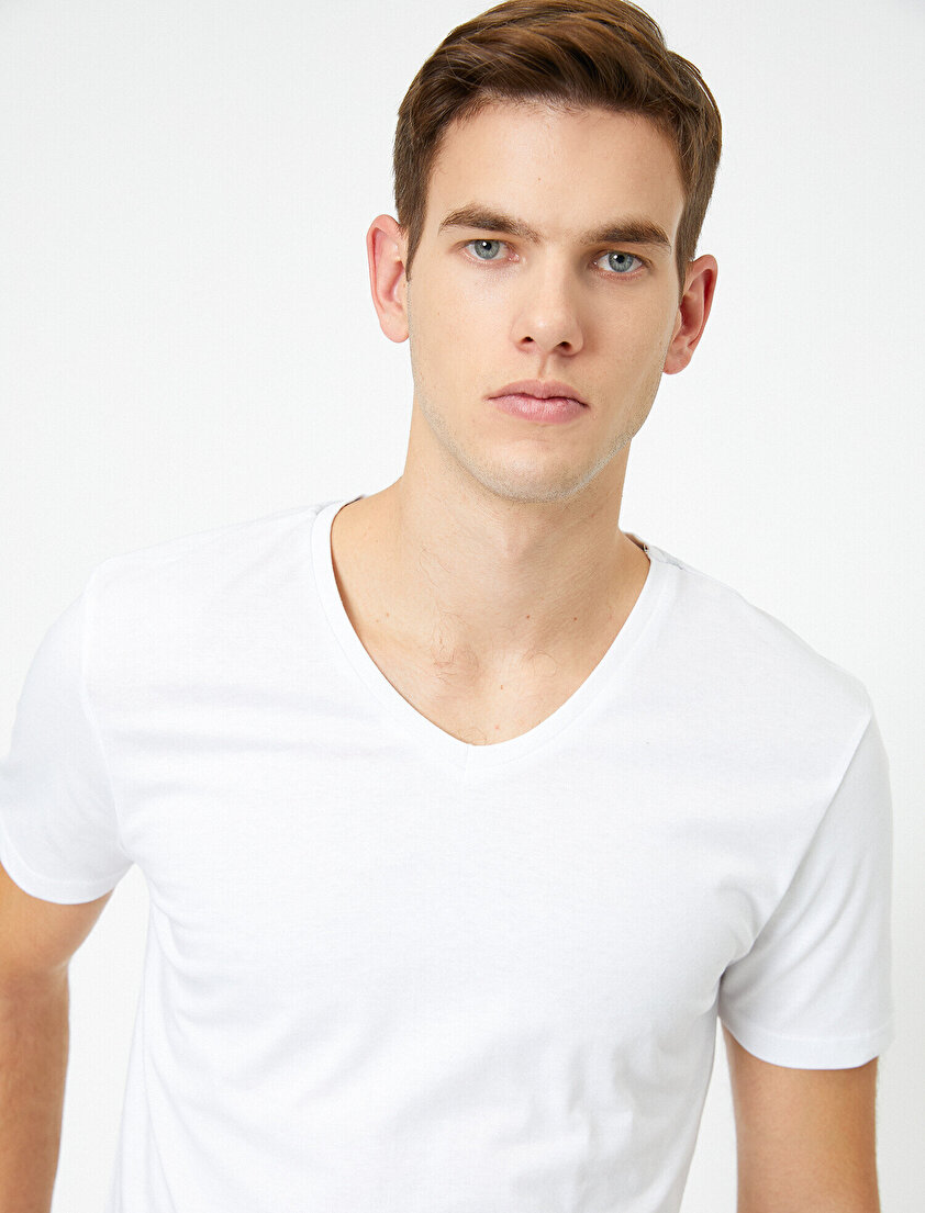 V Yaka %100 Pamuk Slim Fit Basic Tişört