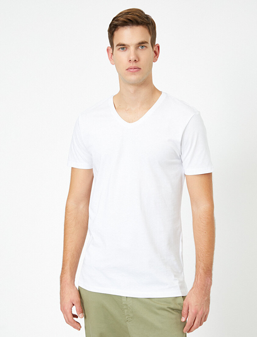 V Yaka %100 Pamuk Slim Fit Basic Tişört