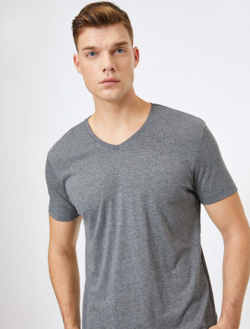V Yaka %100 Pamuk Slim Fit Basic Tişört