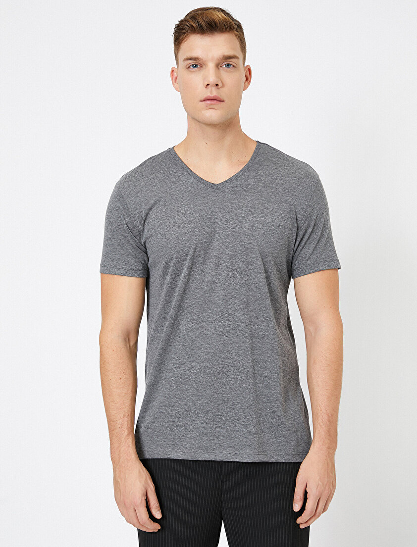 V Yaka %100 Pamuk Slim Fit Basic Tişört