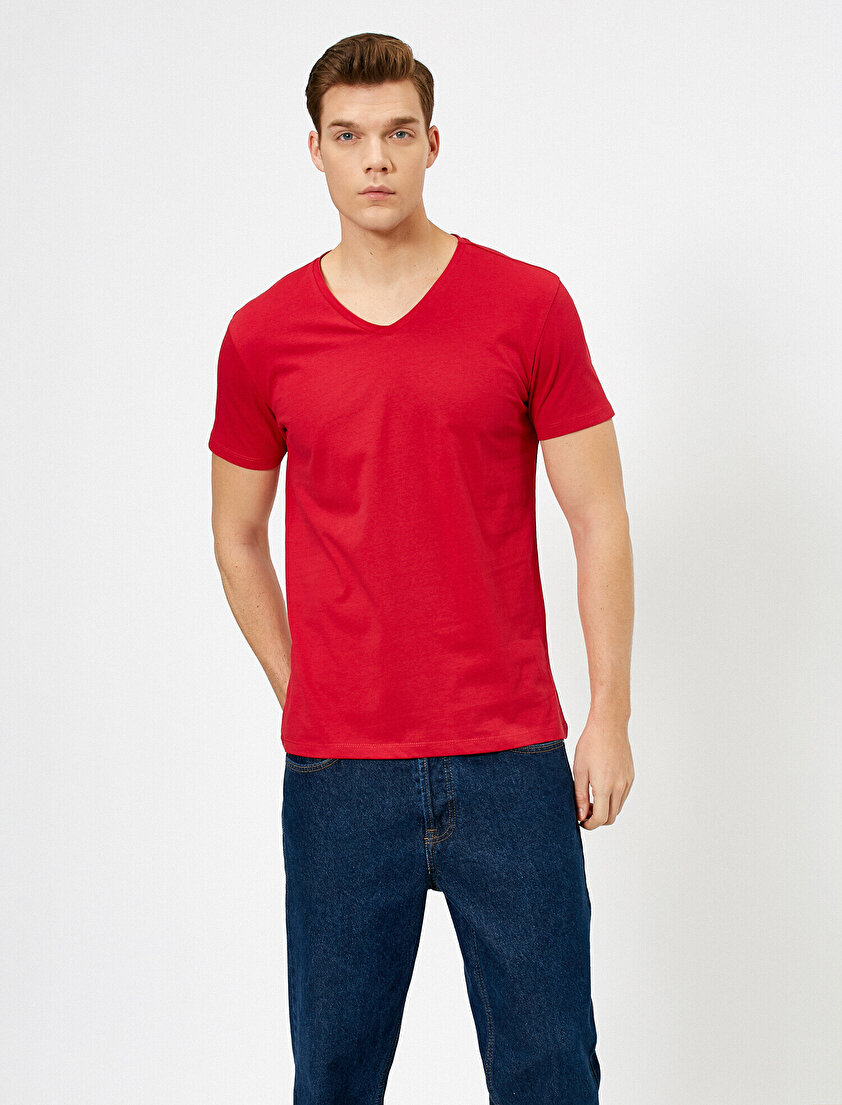 V Yaka %100 Pamuk Slim Fit Basic Tişört