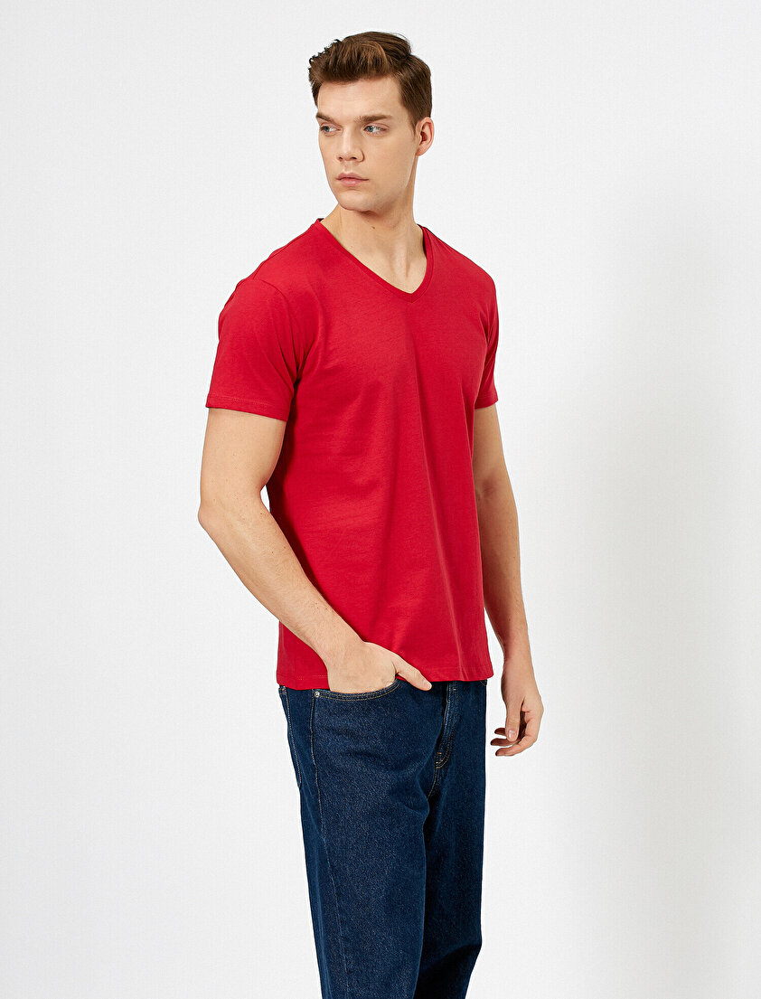 V Yaka %100 Pamuk Slim Fit Basic Tişört