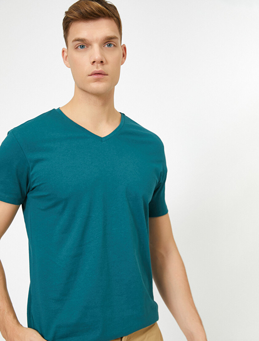V Yaka %100 Pamuk Slim Fit Basic Tişört