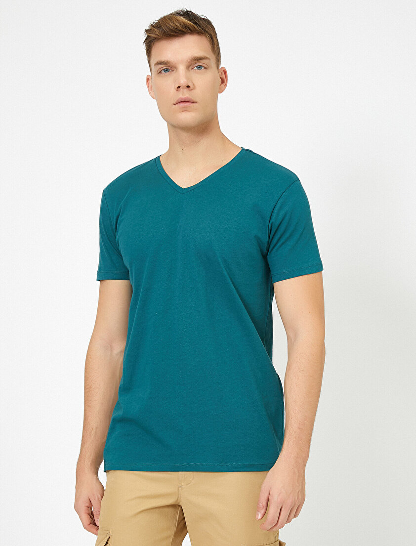 V Yaka %100 Pamuk Slim Fit Basic Tişört