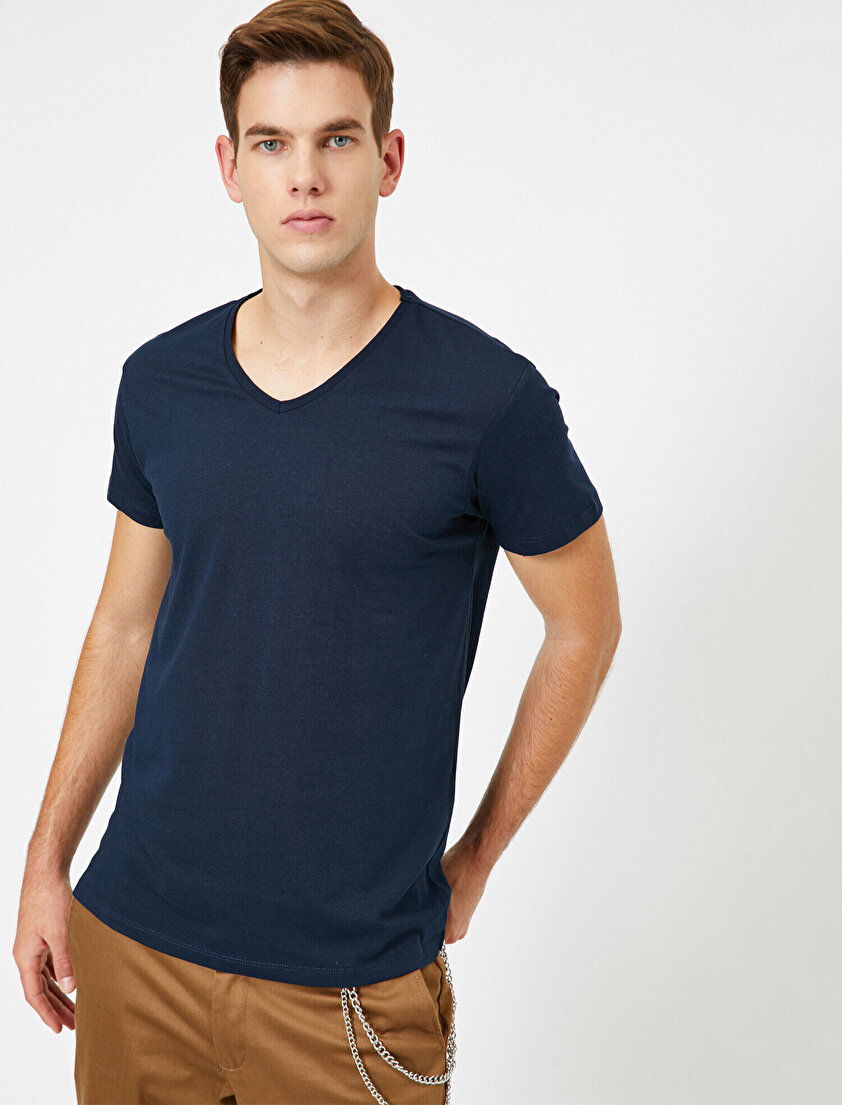 V Yaka %100 Pamuk Slim Fit Basic Tişört