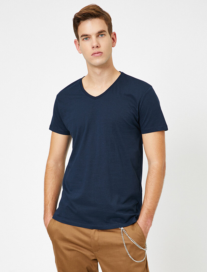 V Yaka %100 Pamuk Slim Fit Basic Tişört