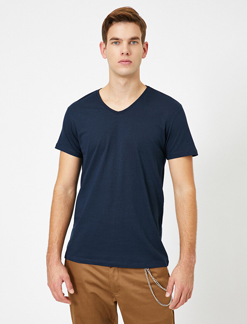 V Yaka %100 Pamuk Slim Fit Basic Tişört