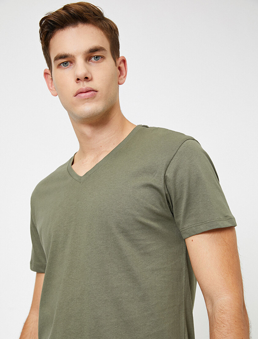 V Yaka %100 Pamuk Slim Fit Basic Tişört