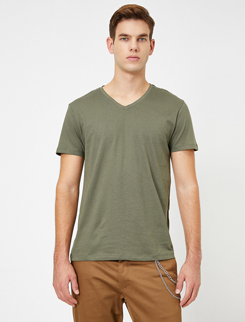 V Yaka %100 Pamuk Slim Fit Basic Tişört