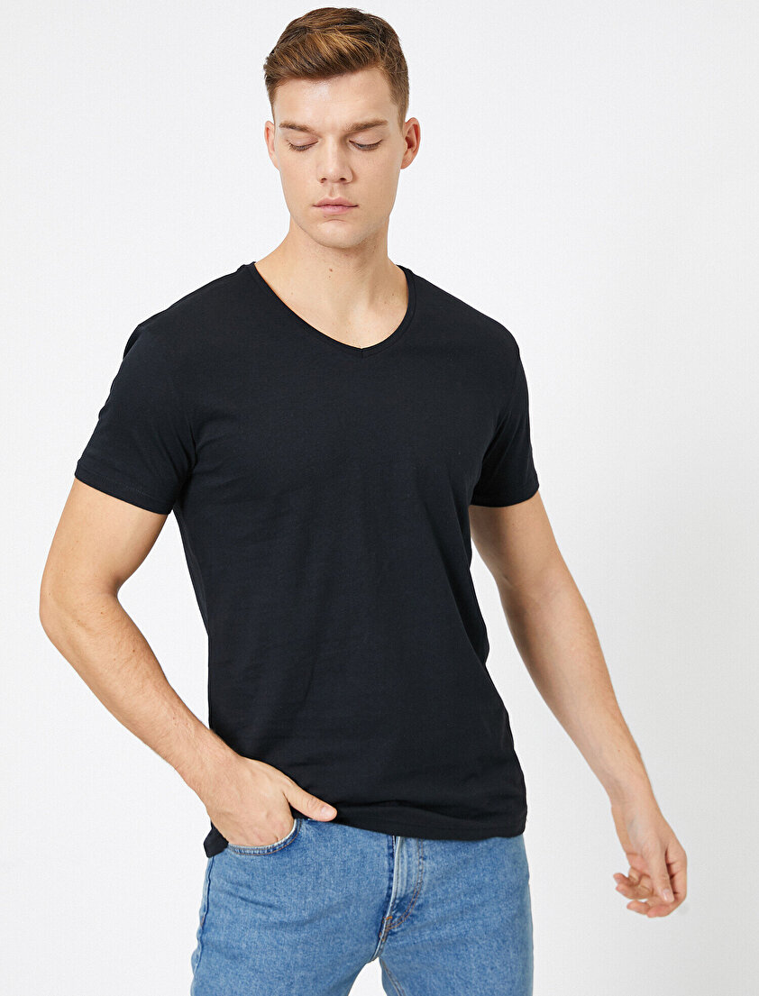 V Yaka %100 Pamuk Slim Fit Basic Tişört