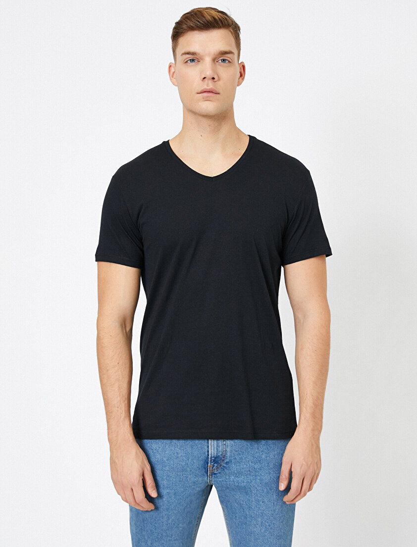 V Yaka %100 Pamuk Slim Fit Basic Tişört
