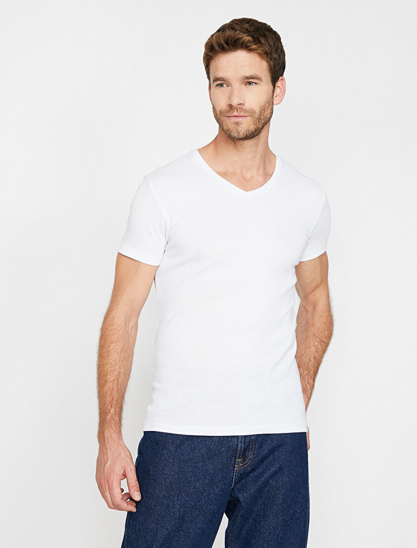V Yaka Likralı Esnek Kumaşlı Slim Fit Tişört