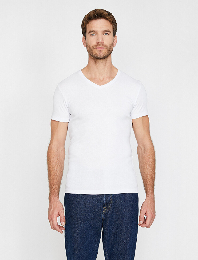 V Yaka Likralı Esnek Kumaşlı Slim Fit Tişört