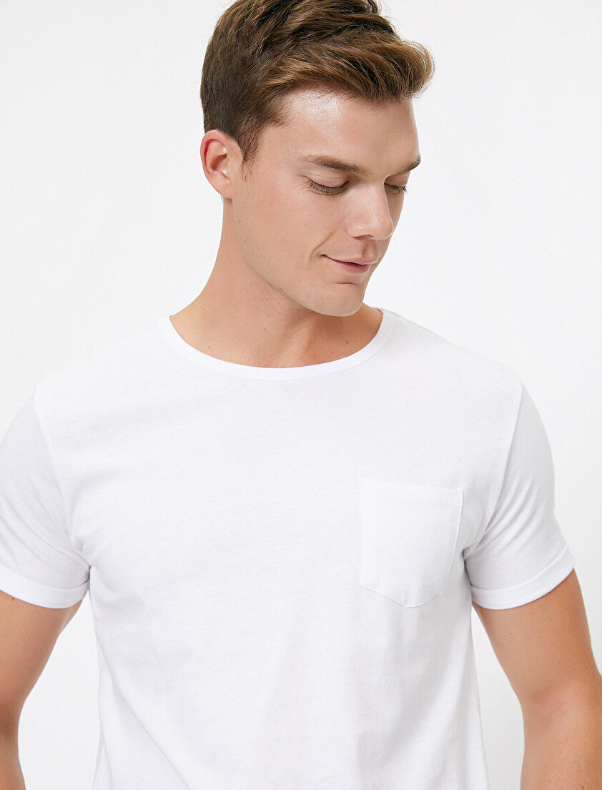 Bisiklet Yaka Cep Detaylı Kolları Katlamalı Slim Fit Tişört