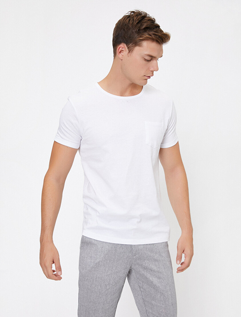 Bisiklet Yaka Cep Detaylı Kolları Katlamalı Slim Fit Tişört