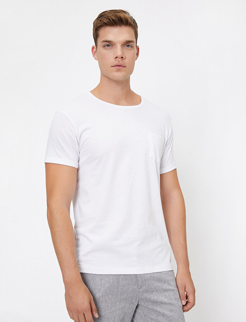 Bisiklet Yaka Cep Detaylı Kolları Katlamalı Slim Fit Tişört