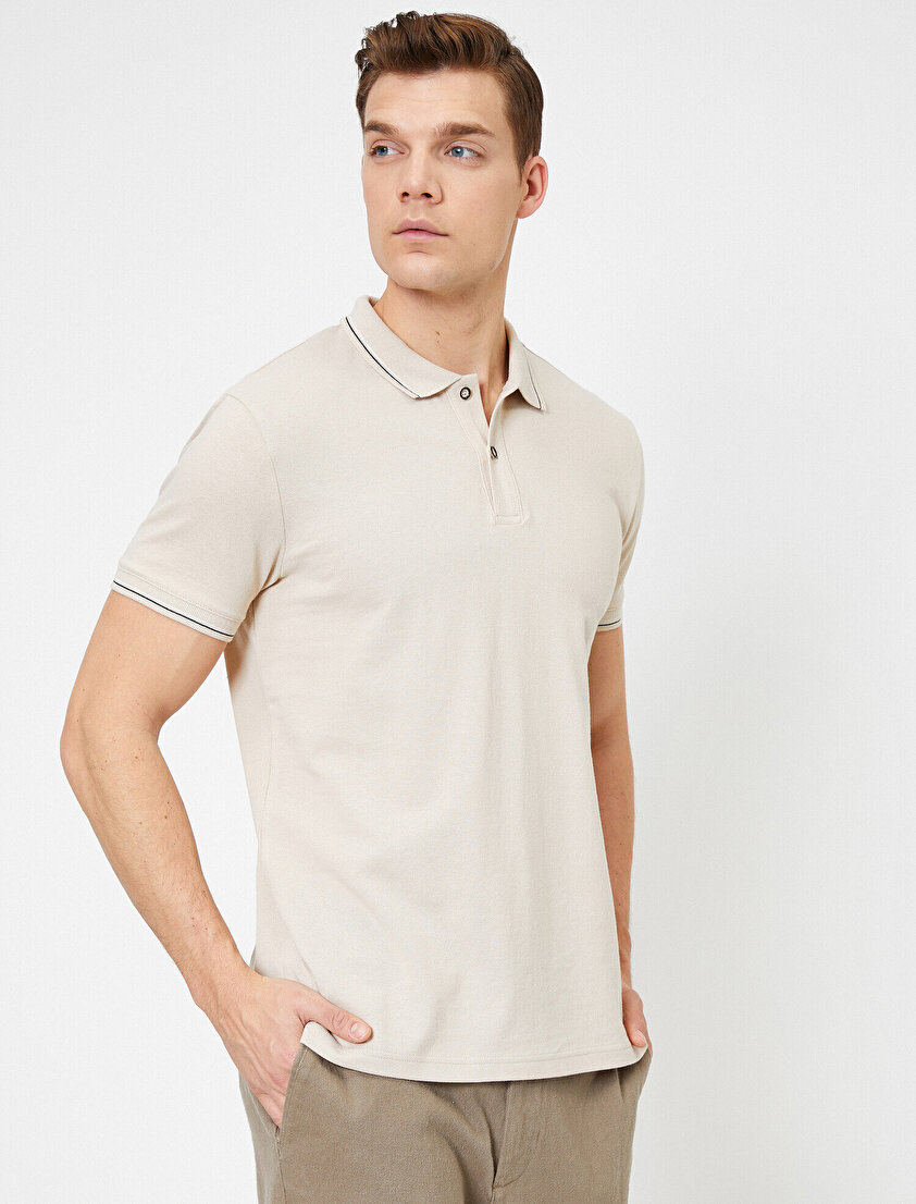 Polo Yaka Düğme Detaylı Yaka ve Kol Ucu Çizgili Slim Fit Tişört