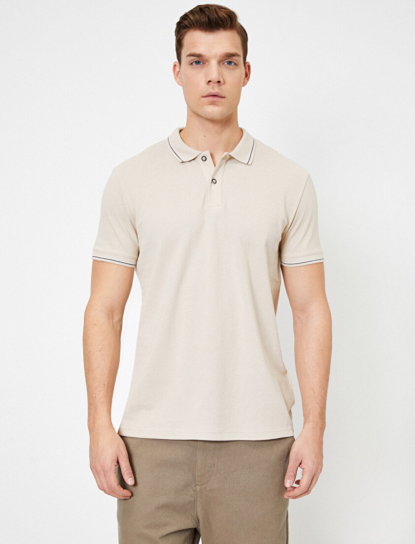 Polo Yaka Düğme Detaylı Yaka ve Kol Ucu Çizgili Slim Fit Tişört