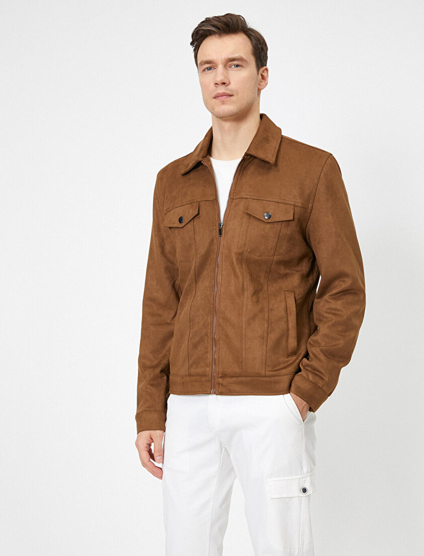 Klasik Yaka Çift Cep Detaylı Femuarlı Süet Mont