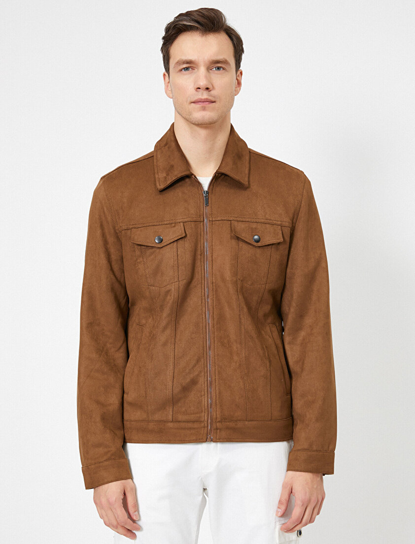 Klasik Yaka Çift Cep Detaylı Femuarlı Süet Mont