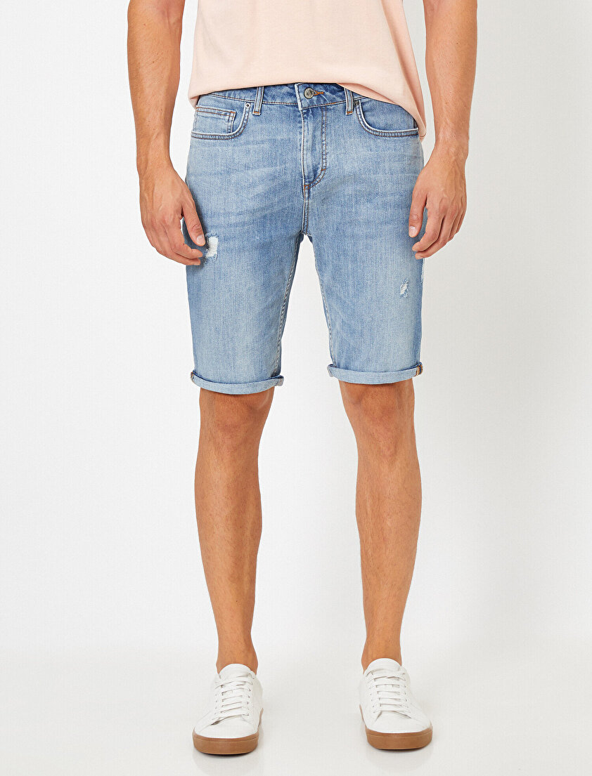 Dizi Katlama Detaylı Cepli Jean Şort