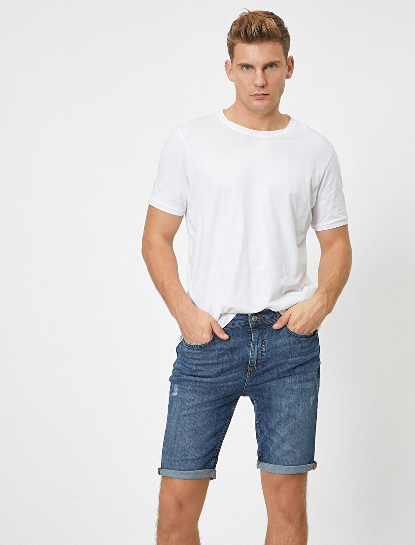 Dizi Katlama Detaylı Cepli Jean Şort