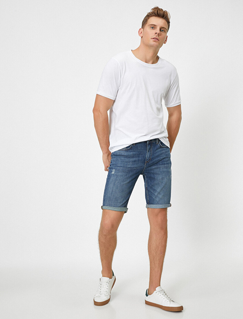 Dizi Katlama Detaylı Cepli Jean Şort