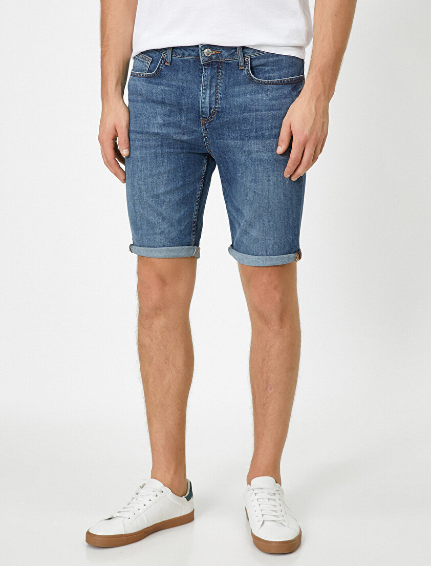 Dizi Katlama Detaylı Cepli Jean Şort