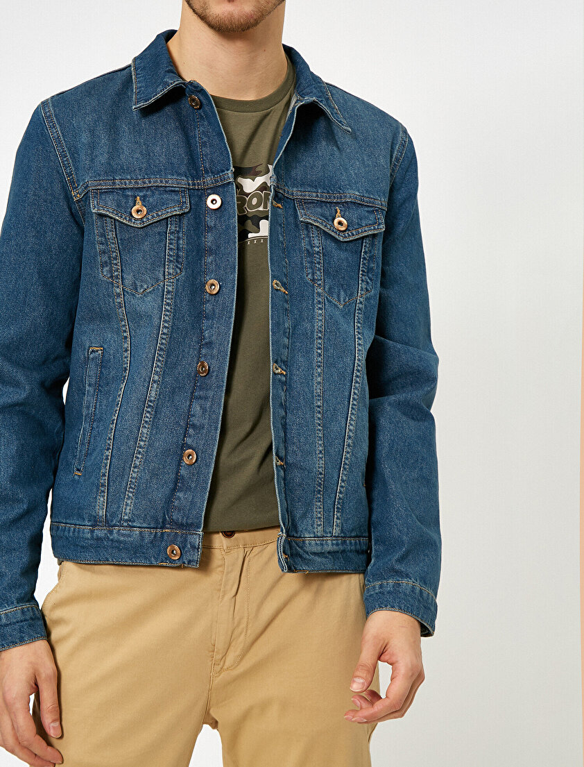 Düğmeli Cep Detaylı %100 Pamuk Jean Ceket