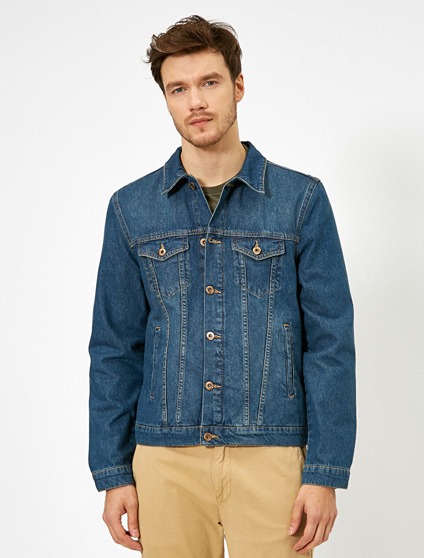 Düğmeli Cep Detaylı %100 Pamuk Jean Ceket