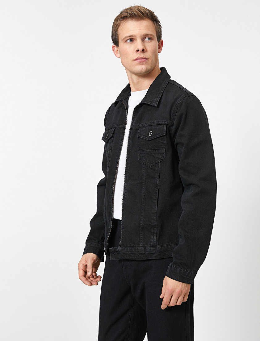 Cep Detaylı Fermuarlı %100 Pamuk Jean Ceket