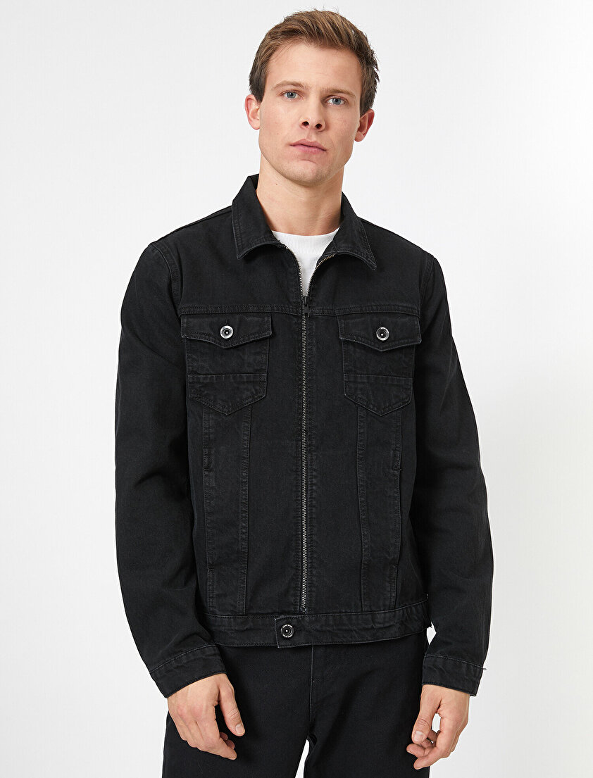 Cep Detaylı Fermuarlı %100 Pamuk Jean Ceket