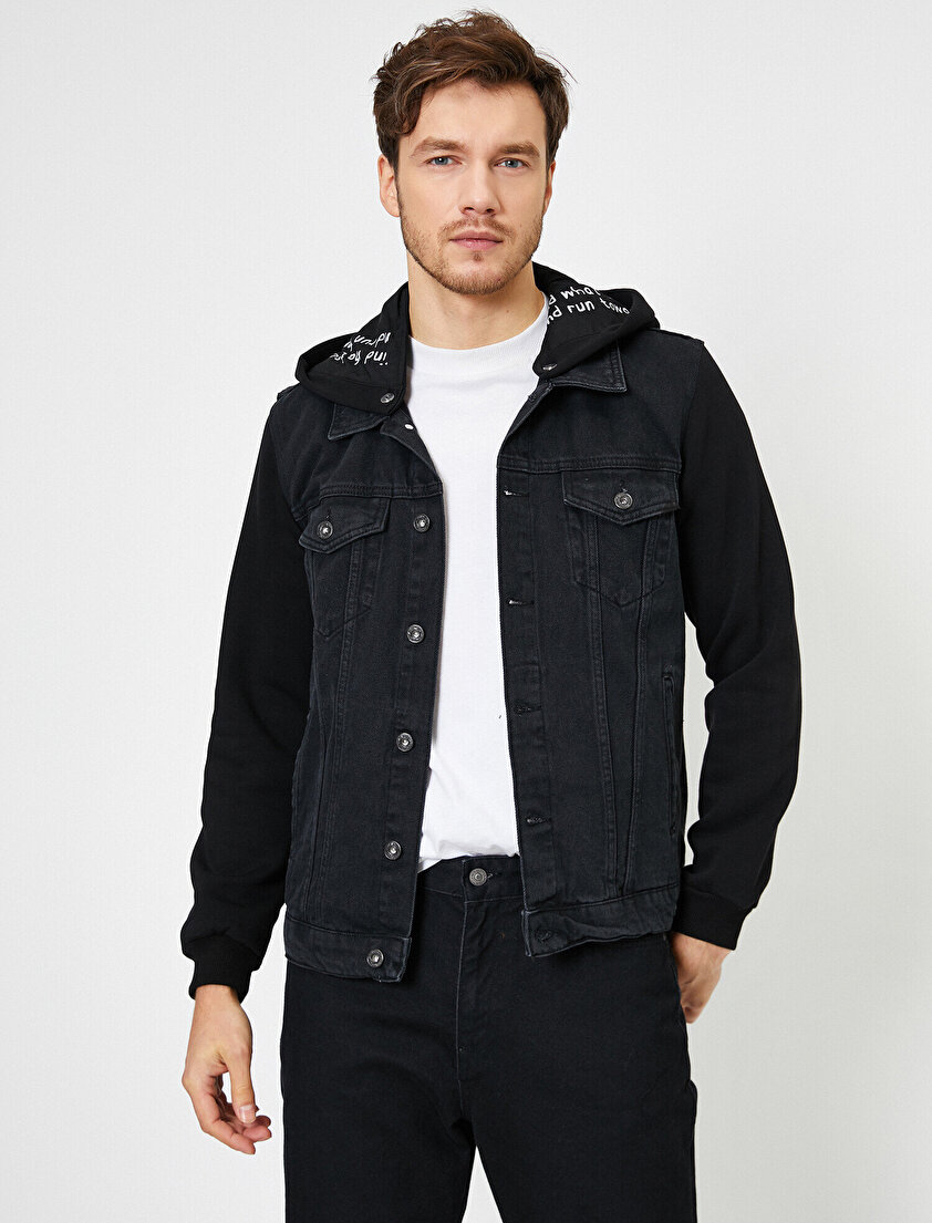 Çıkarılabilir Kapüşonlu İçi Baskılı Kolları Örme Düğmeli Jean Ceket