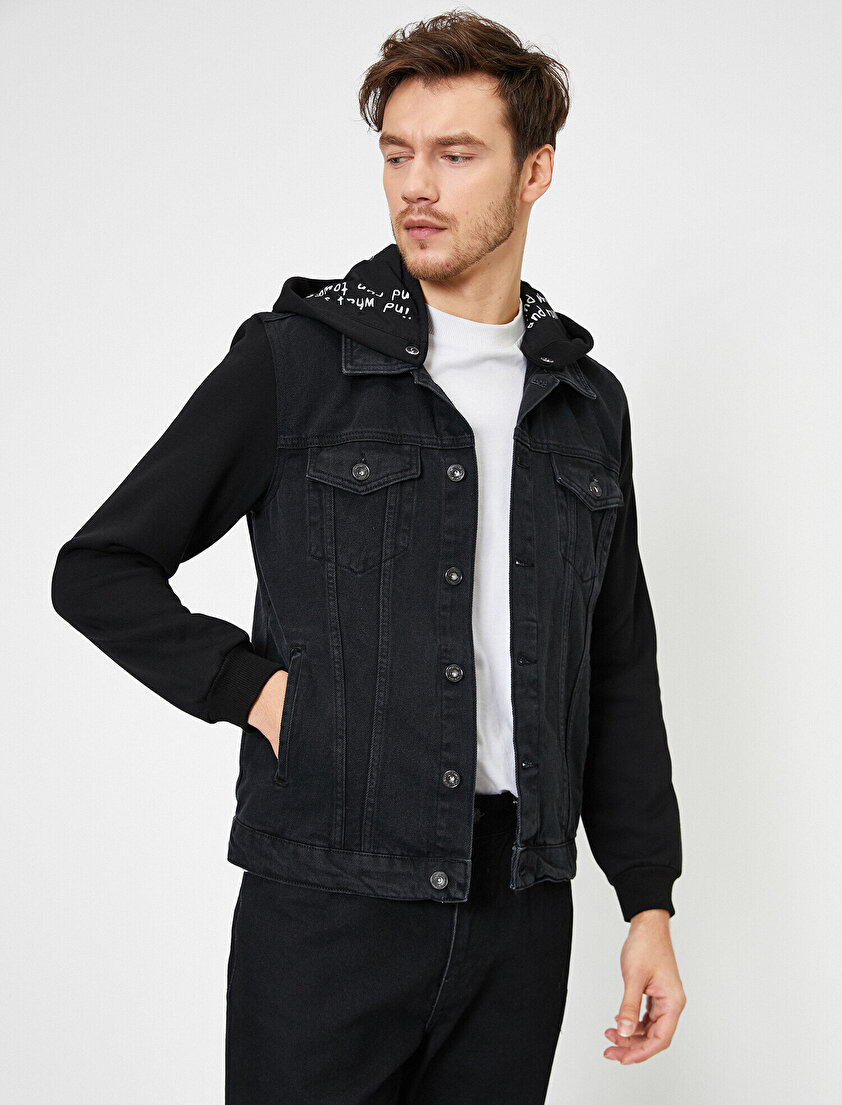 Çıkarılabilir Kapüşonlu İçi Baskılı Kolları Örme Düğmeli Jean Ceket