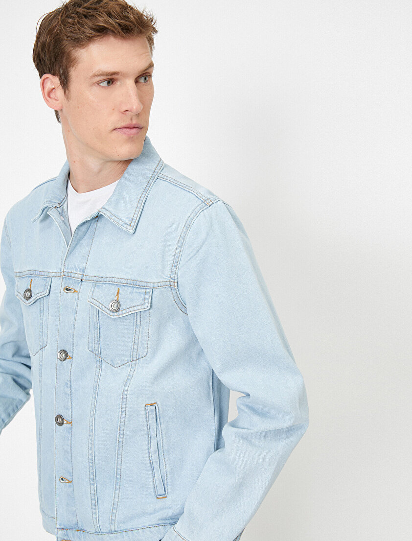 Cep Detaylı Düğmeli %100 Pamuk Jean Ceket